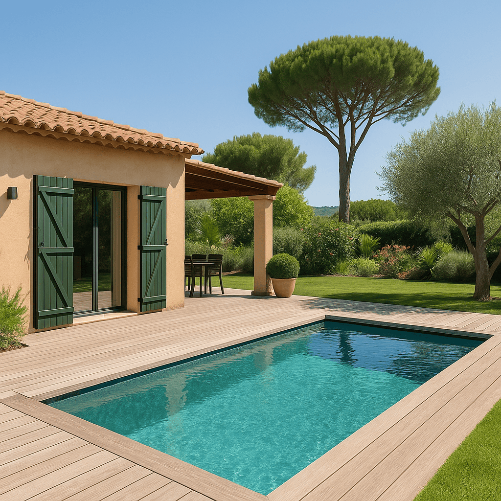 Maison provençale avec terrasse bois et piscine — aménagement extérieur CLERGET RENOVATION
