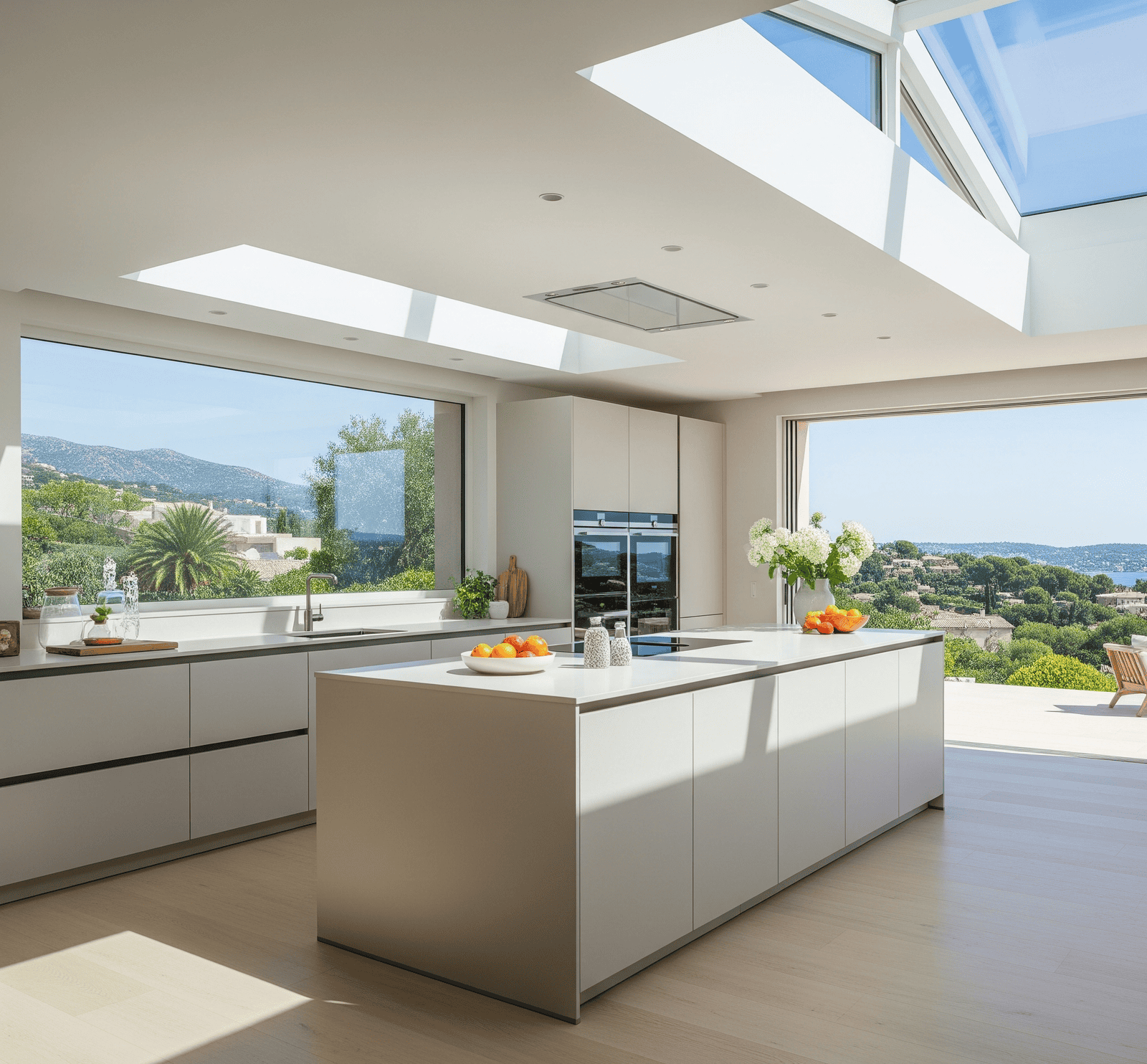 Pose de cuisine moderne : îlot blanc, plan de travail, électroménager intégré, crédence et finitions soignées.