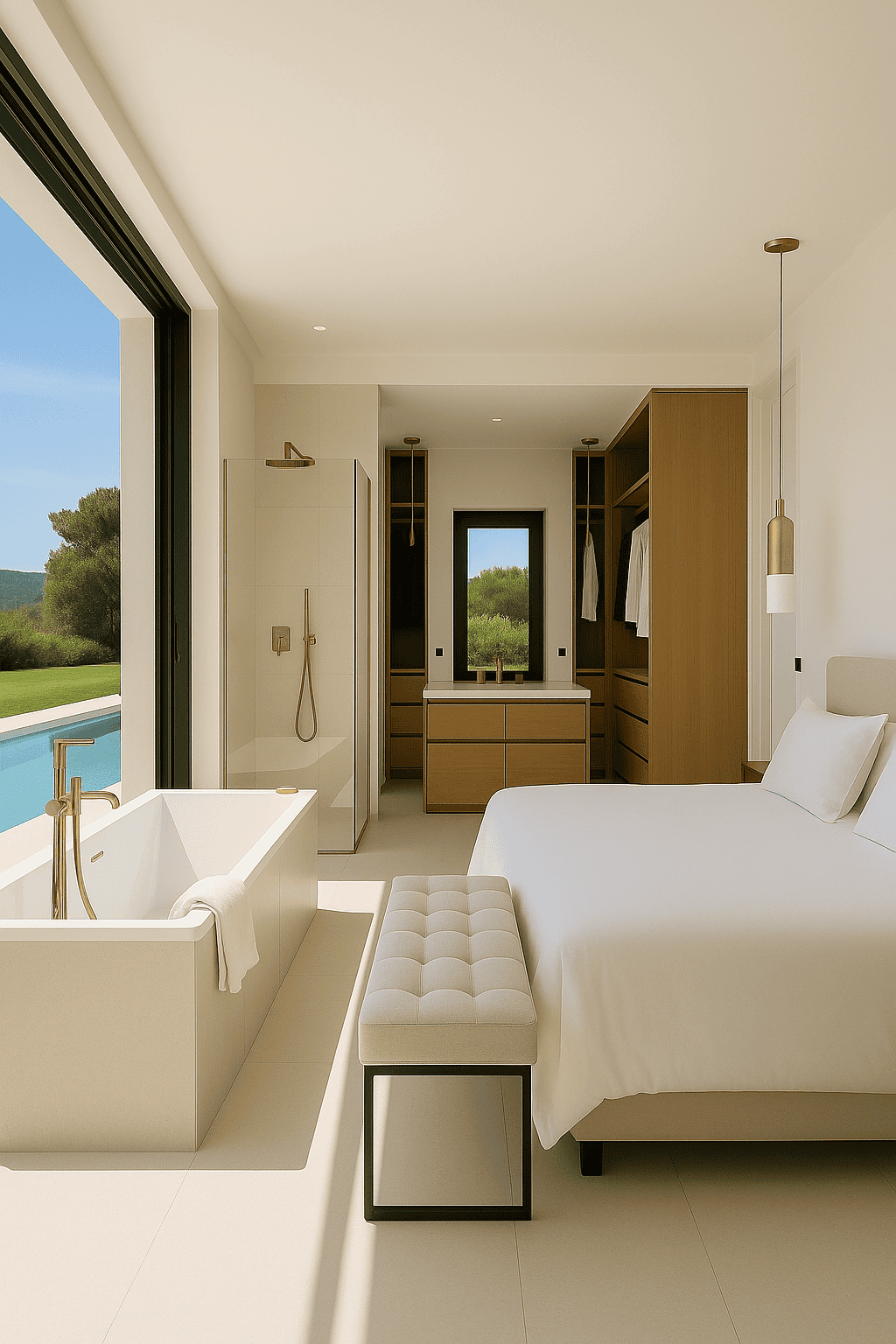 Suite parentale lumineuse : carrelage grand format, murs peints, faux plafond avec spots, finitions soignées.