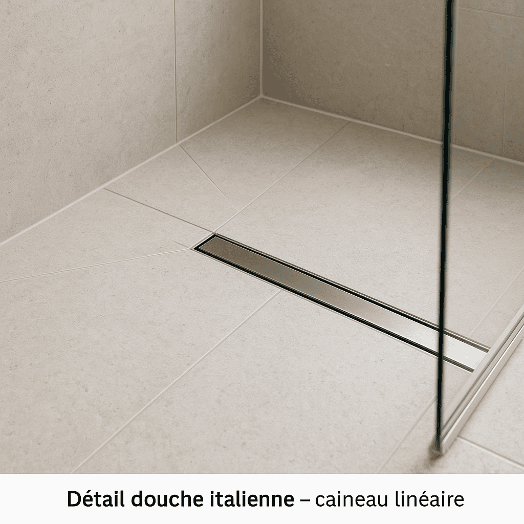Salle de bains Détail douche italienne — pente d’écoulement, caniveau linéaire, antidérapant