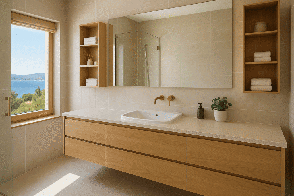 Salle de bain moderne avec rangements intégrés en bois clair et vue mer en Provence