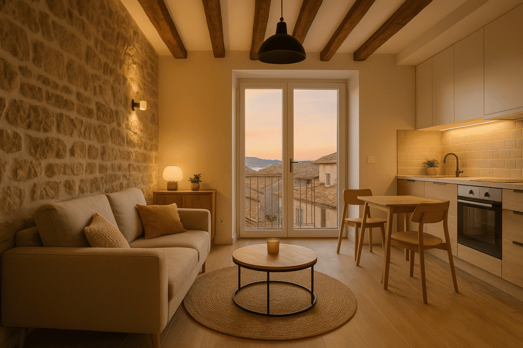 Rénover une maison de village en Provence : le mariage réussi de l'authenticité et du confort moderne Intérieur rénové d’une maison de village en Provence, mêlant mur en pierre et confort moderne
