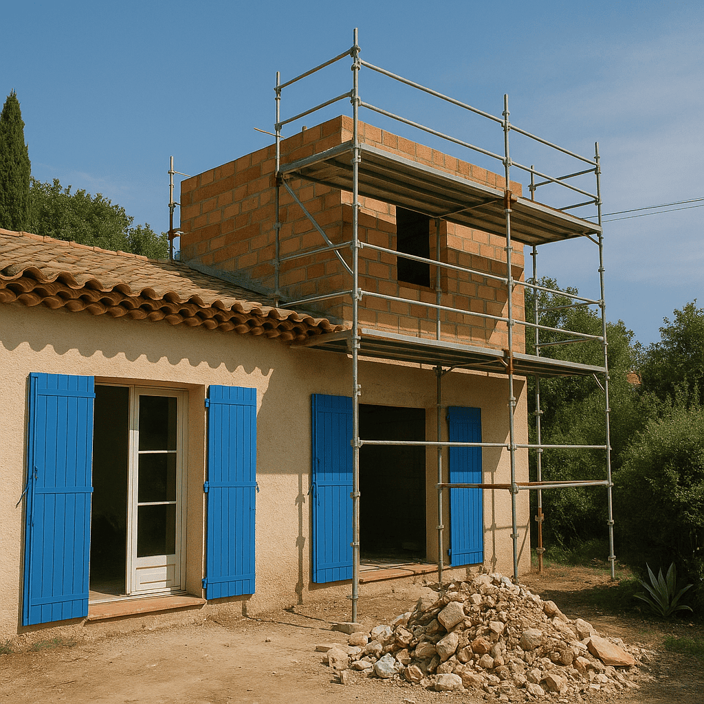 Maison en rénovation avec extension et volets bleus dans le Var, travaux non autorisés